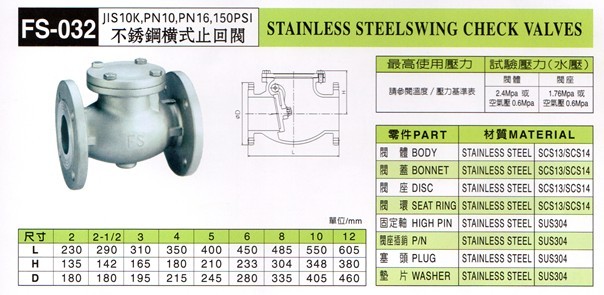 台湾富山不锈钢法兰止回阀> 台湾富山FS阀门系列 > 台湾富山不锈钢阀门 > FS032台湾富山不锈钢法兰止回阀